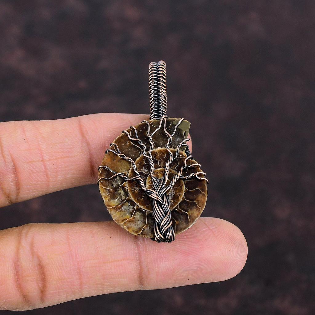 Tree Of Life Ammonite Fossil Pendant Copper Wire Wrapped Pendants Gemstone Pendant Copper Wire Wrap Jewelry Handmade Pendant Gift For Women
