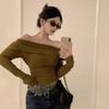 Spice Girl A Line Shoulder Velvet Long Sleeve T-shirt Women Early Autumn Off-the-shoulder Slim Irregular Short Base Top