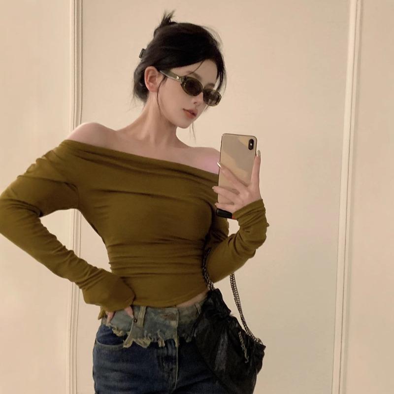 Spice Girl A Line Shoulder Velvet Long Sleeve T-shirt Women Early Autumn Off-the-shoulder Slim Irregular Short Base Top