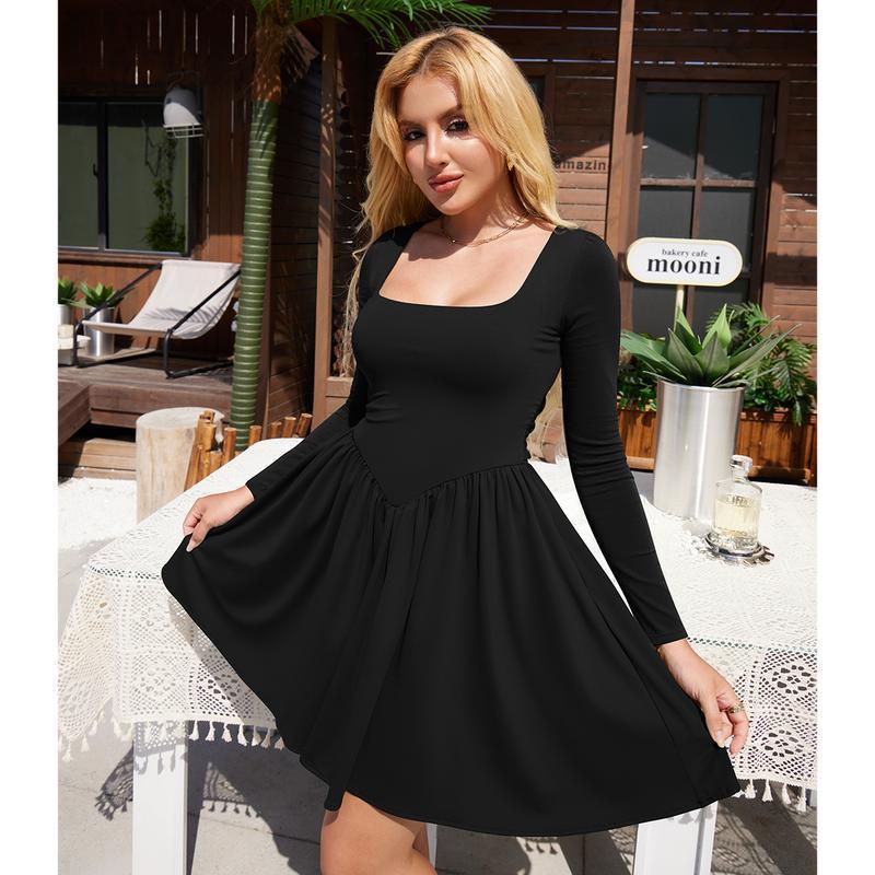2026 European Fashion Women's Slim Fit Knit Bandage Dress with Square Neck and Long Sleeves