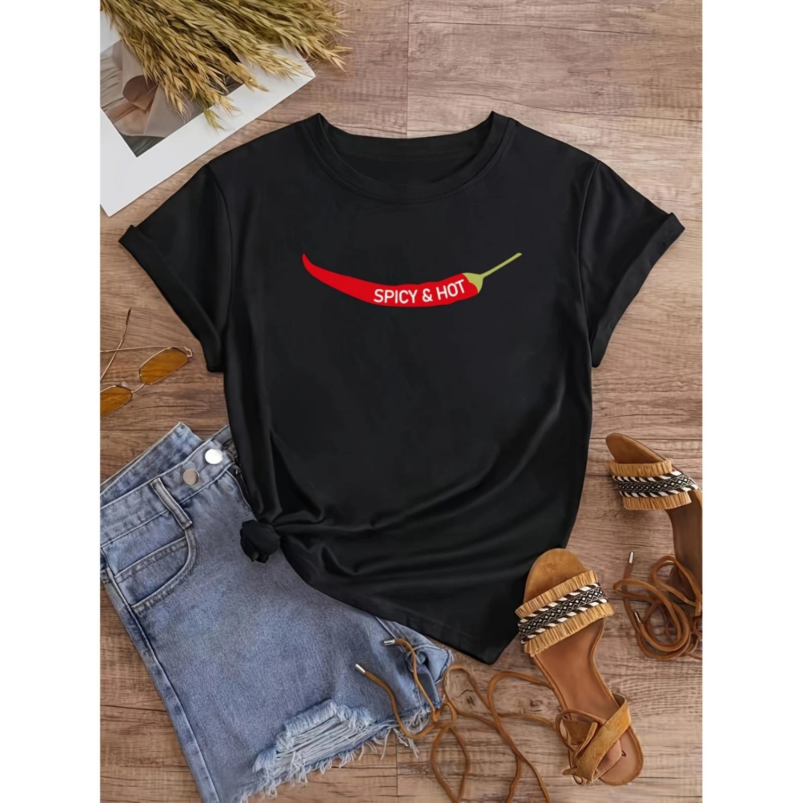 

Chili Pepper Hot Spicy Printing Short Sleeve Crew Neck Casual Top for Summer Spring Women s Clothing XXXXXL чорний