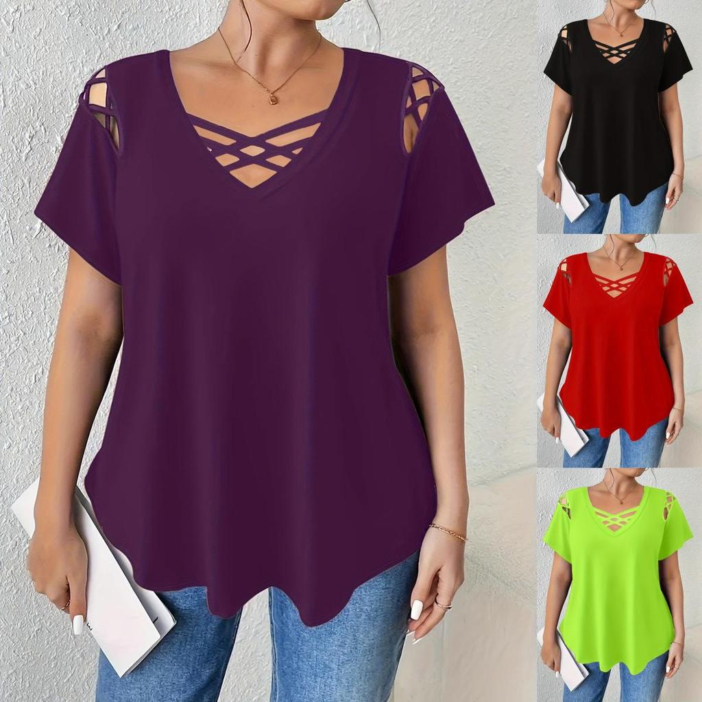 2026 European & American Casual Women's V-neck Solid Color Short Sleeve Cross Strap T-shirt