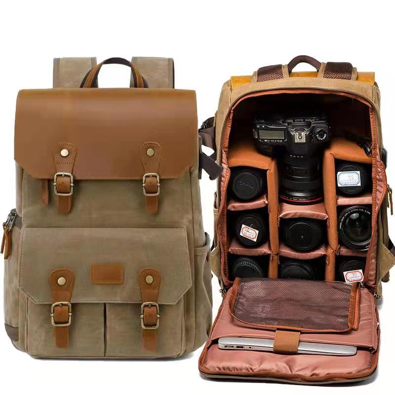 Professional Waterproof Waxed Canvas DSLR Camera Backpack USB Charging Por Large High-End Camera Bag Backpack Camera Drone Backpack