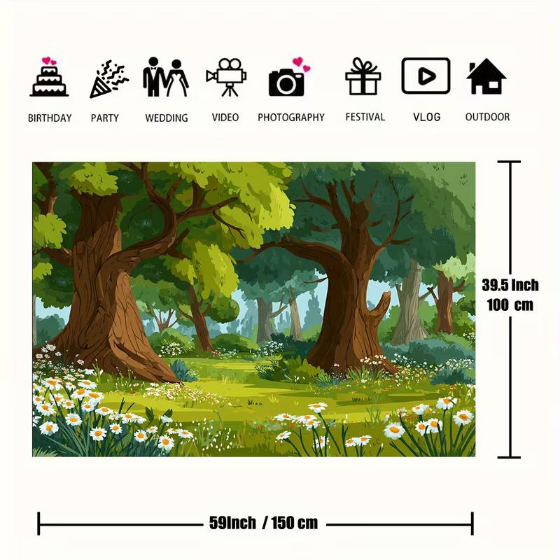 2D Cartoon Woodland Backdrop, Green Daisy Meadow Background for Baby Shower Decor