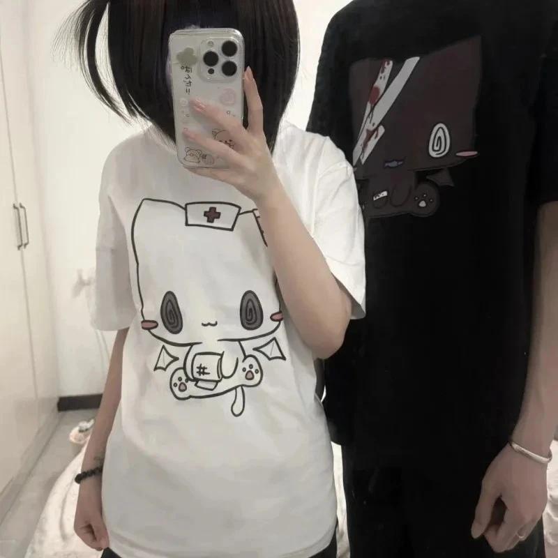 Women's T-shirt Cartoon Printing Fun Couple Sweet Short Sleeved Loose Neck Y2K Harajuku Top Women's Casual T-shirt