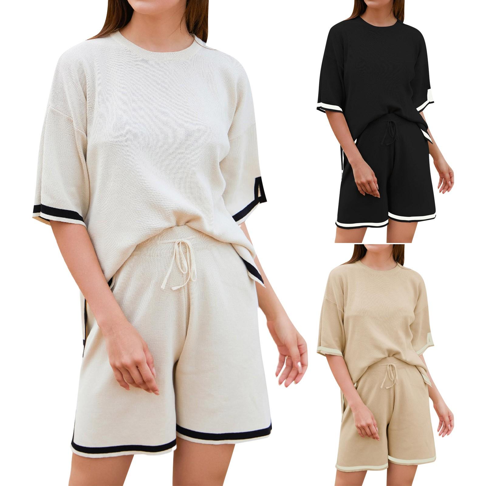 

Женский вязаный свитер из 2 предметов, пуловер с короткими рукавами, топы с эластичной резинкой на талии, короткие брюки, женский комплект L бежевый