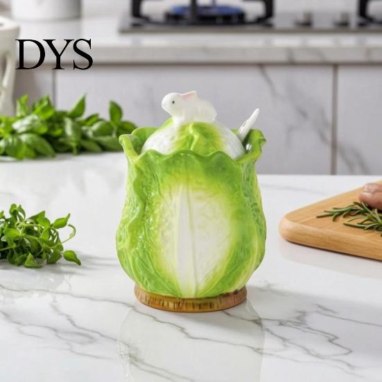 Salt And Sugar Cellar Ceramic Cabbage Shaped Lard Jar with Lid Spoon, 350ml Kitchen Sealed Sauce Pot Spoon Seasoning Container, Multi Purpose Storage