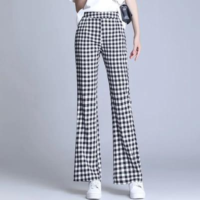 New Spring and Summer Women's Solid Colors High Waist Elastic Loose Plaid Flare Pants Fashion Casual Comfortable Trousers