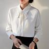 Women's Professional White Long Sleeve Shirt with Tie Detail - Ideal for Teacher Interviews and Commuting