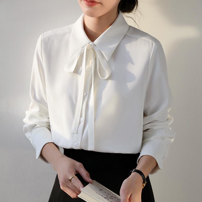 Women's Professional White Long Sleeve Shirt with Tie Detail - Ideal for Teacher Interviews and Commuting