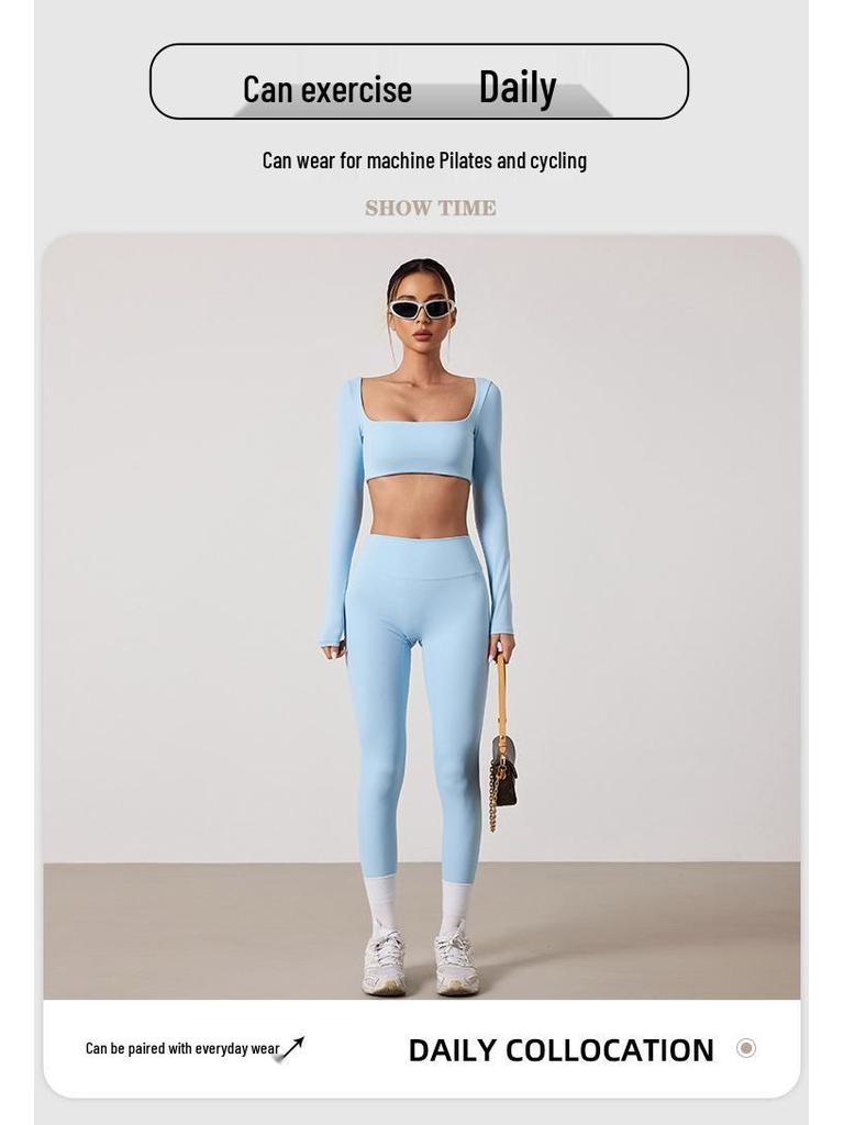 European & American Dance Yoga Wear: Sexy Square Neck Long Sleeve Top & High Waist Hip-Lifting Pants Set