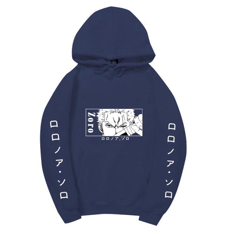 One Piece Hoodie, Roronoa Zoro Manga Graphic Japanese Letter Sleeve Print Pullover Sweatshirt Unisex Streetwear