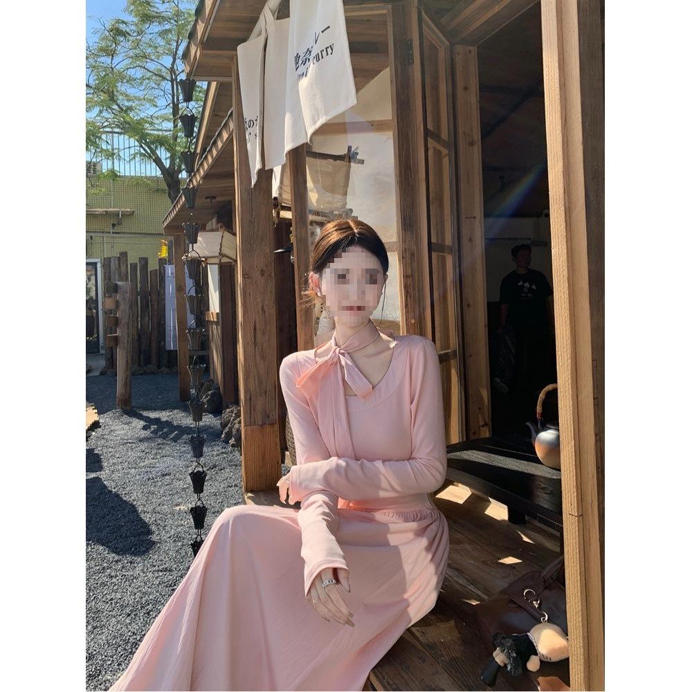 French bow lace-up long-sleeved pink dress women's autumn waist halter A-shaped skirt gentle wind long dress