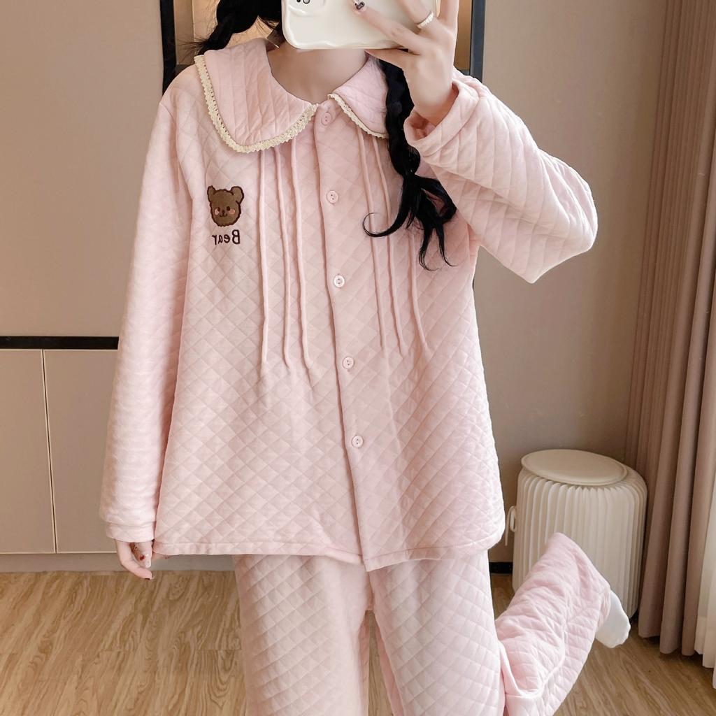 Autumn and winter women's pajamas have three layers of warm air layer, cotton-padded pure cotton loungewear set, long sleeves and trousers are cute.