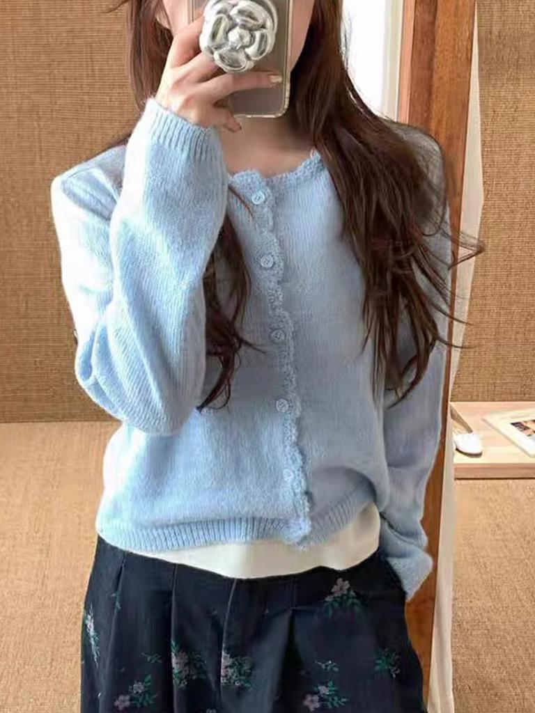 Early autumn new thin soft waxy knitted cardigan simple versatile and thin solid color sweater jacket women