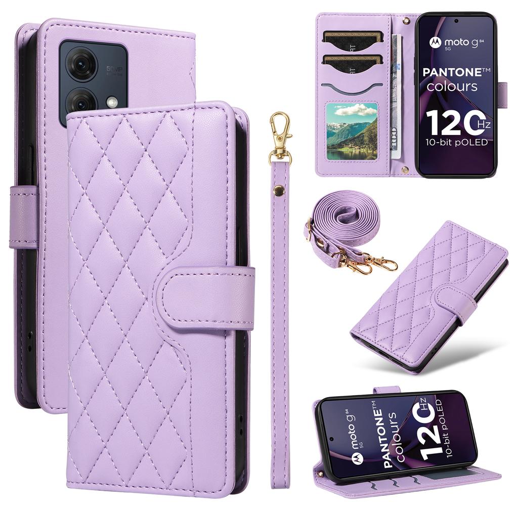 For Motorola Moto G84 5G Case Wallet Rhombus Leather Phone Cover with Shoulder Strap,Wrist Strap