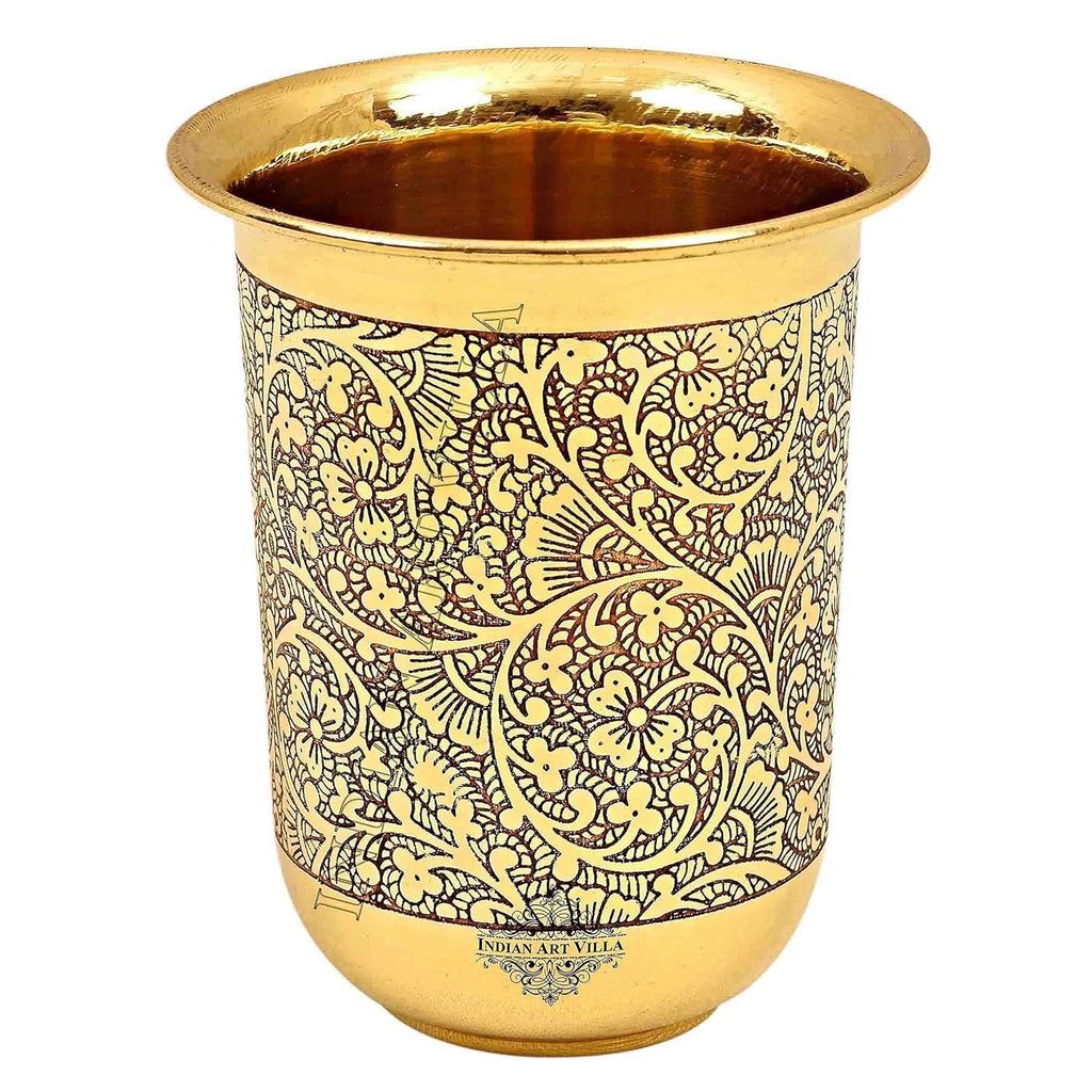 Pure Brass Glass Tumbler with Floral Vines Design, for Drinking Serving Water, Yoga & Ayurveda, Volume-280 ML, 1 Piece