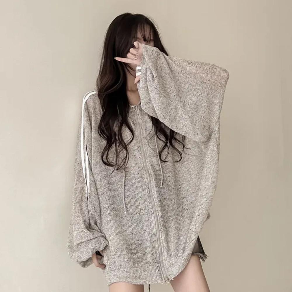 Women's Hooded Long Sleeve Zip Up Cardigan Loose Fit Casual Sheer Mesh Sun Protection Jacket Top