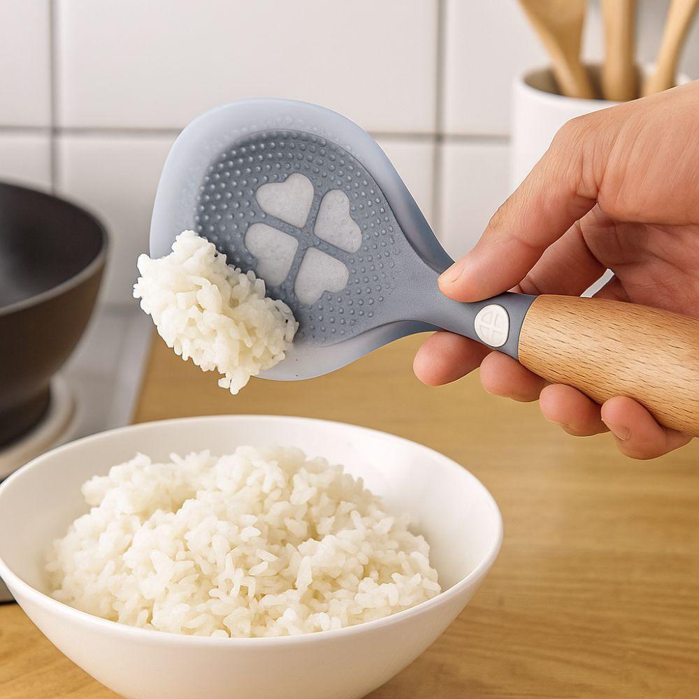 Wooden Handle Silicone Rice Spoon Non-stick Heat-resistant Spoon Standing Cooking Spoon  Home
