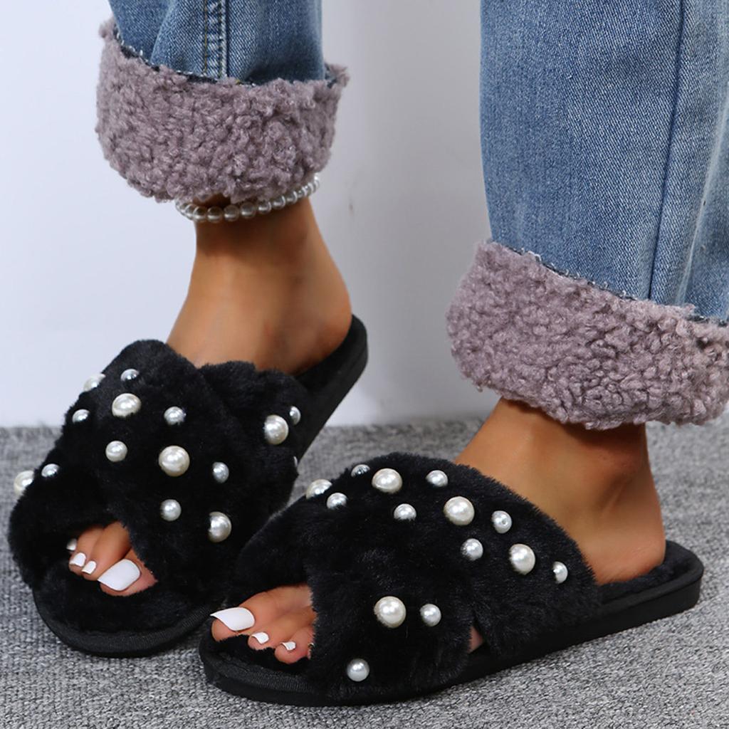 Ladies Furry Slippers Women Flat Bottom Home Indoor Slippers Warm Pearl Floor Furry Slippers Cotton Holiday Slippers for Women