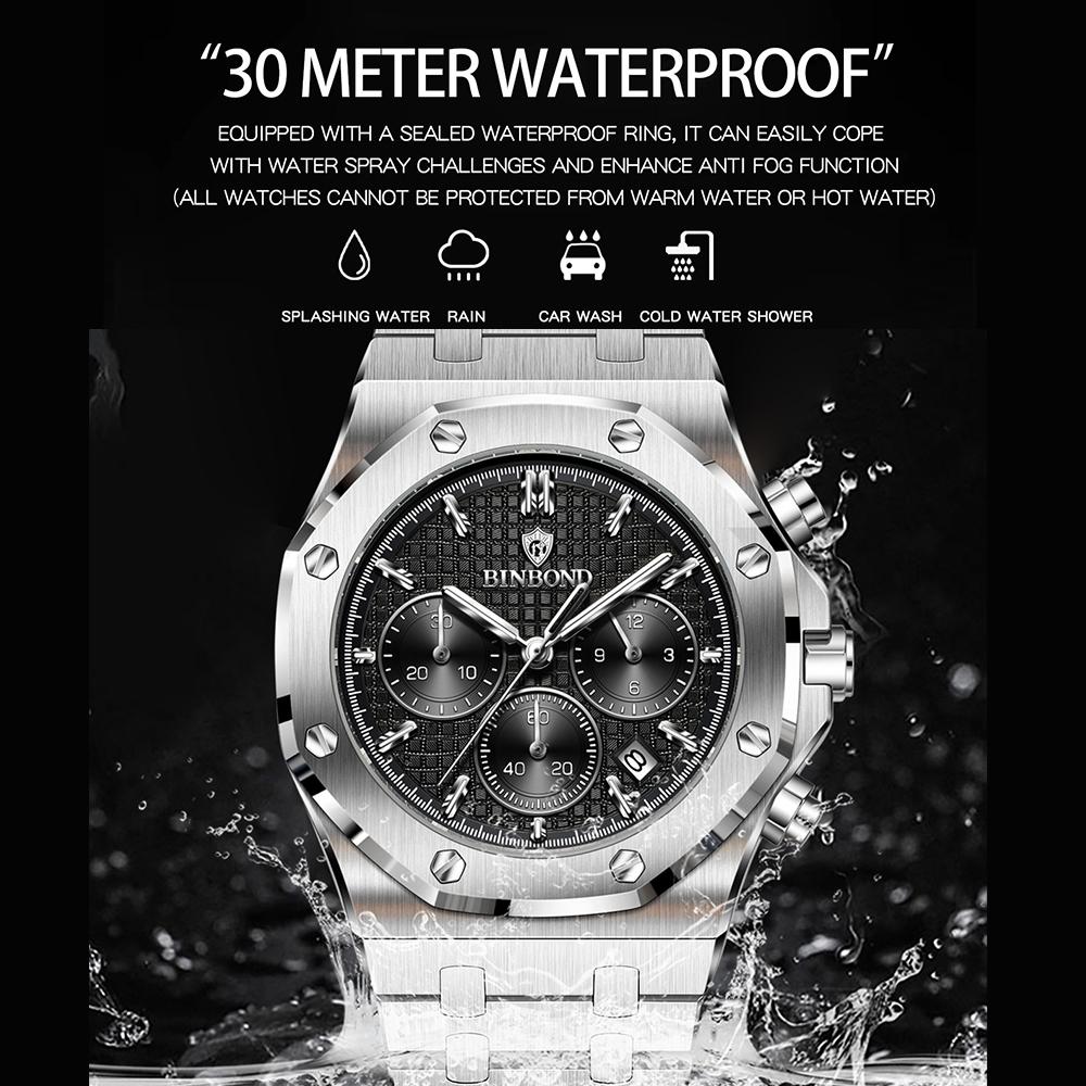 Mens Chronograph Wrist Watch Stainless Steel Band Analog Quartz Watches Waterproof Luminous Calendar Multi‑Dial Business Casual Watch for Men
