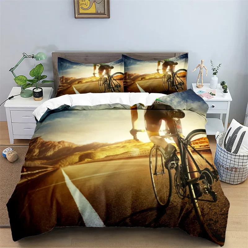 Bike Cycling Print Bedding Set Sport Style Duvet Cover Mountain Bike Quilt Cover With Pillowcases King For Teen Adult Room Decor