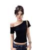 Gray diagonal neck off-the-shoulder short-sleeved T-shirt for women's summer slim-fitting and thin inside design, Spice Girl short bottoming top