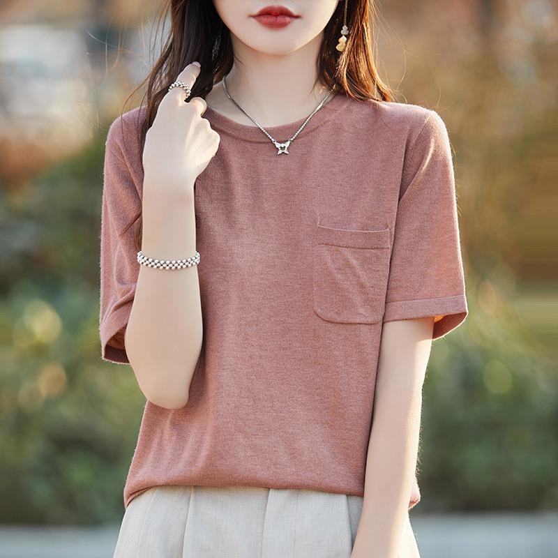 Summer Breathable Short-sleeved Women's Round Neck Pocket T-shirt Half-sleeved Bottoming Shirt