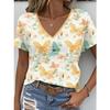 Summer V-neck 3D Flower Themed Pattern Printed Top Fashionable Casual Short Sleeved Women's T-shirts