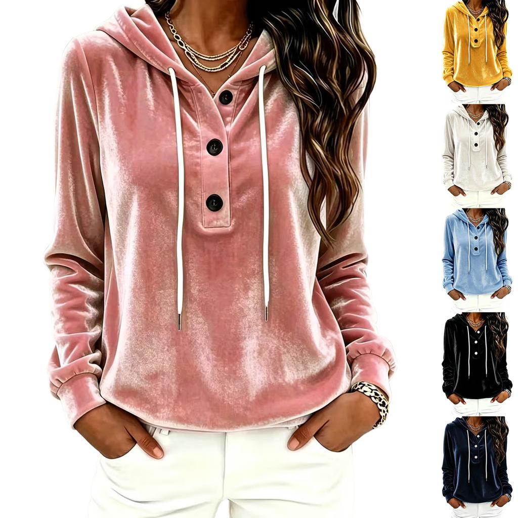 Women's Color Hooded Long Sleeve Top with Button Front and Drawstring