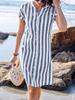 Women's Stand Collar Short Sleeve Shirt Loose Fit Elegant Striped Tunic Cotton Polyester Casual Beach Shirt Dress