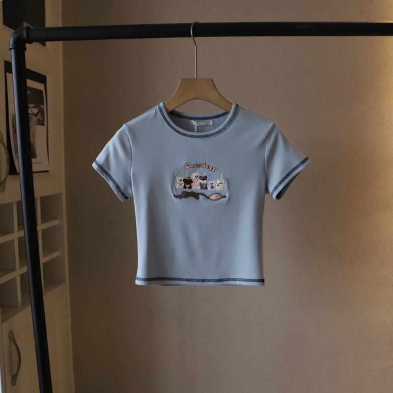 2025 Korean Style Cartoon Embroidered Slim Fit Cute Short Sleeve T-Shirt for Women