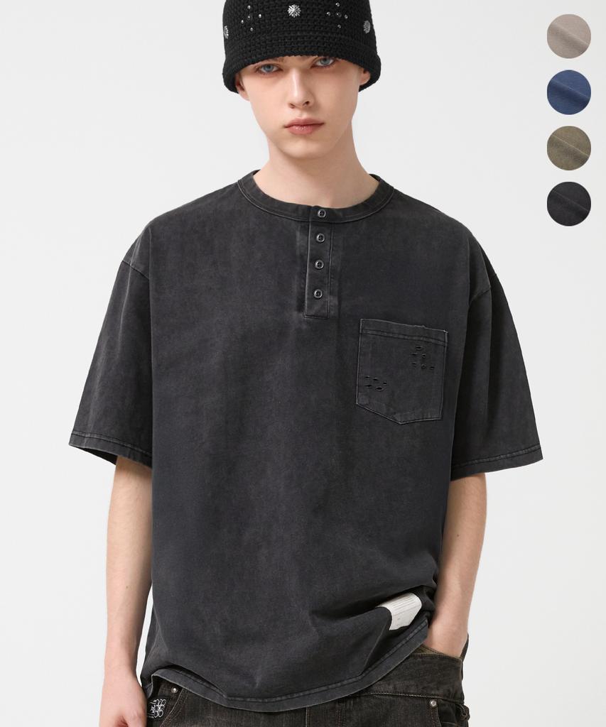 TRILLION Vintage Work Patch Pigment Henley Neck Short Sleeve_4Color