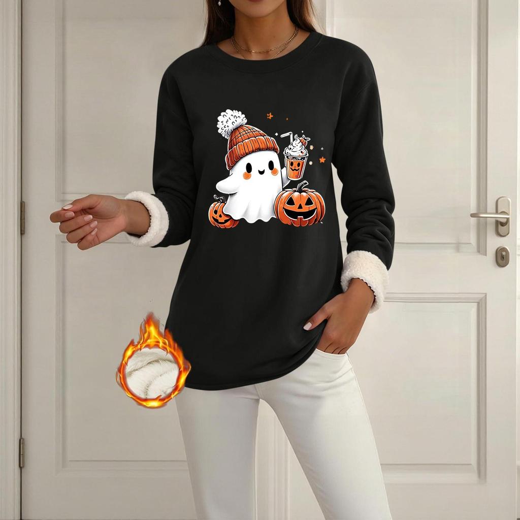 Women's -Lined Long Sleeve Round Neck Sweatshirt with Halloween Print for Winter Casual Wear