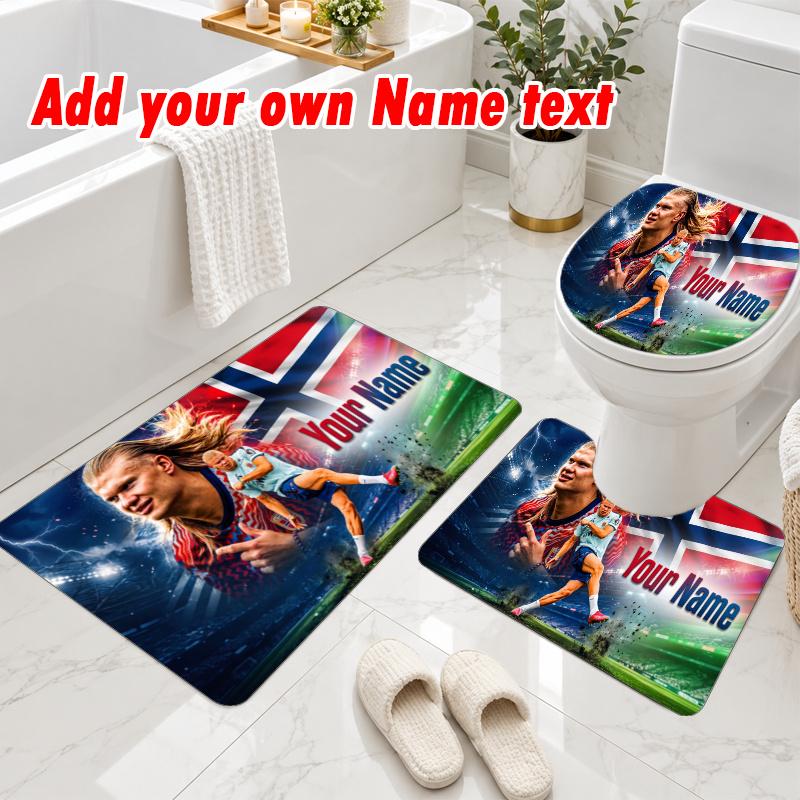 Personalized Erling Haaland 3Pcs Flannel Toilet Mat Set Custom Text Bathroom Rug Non Slip