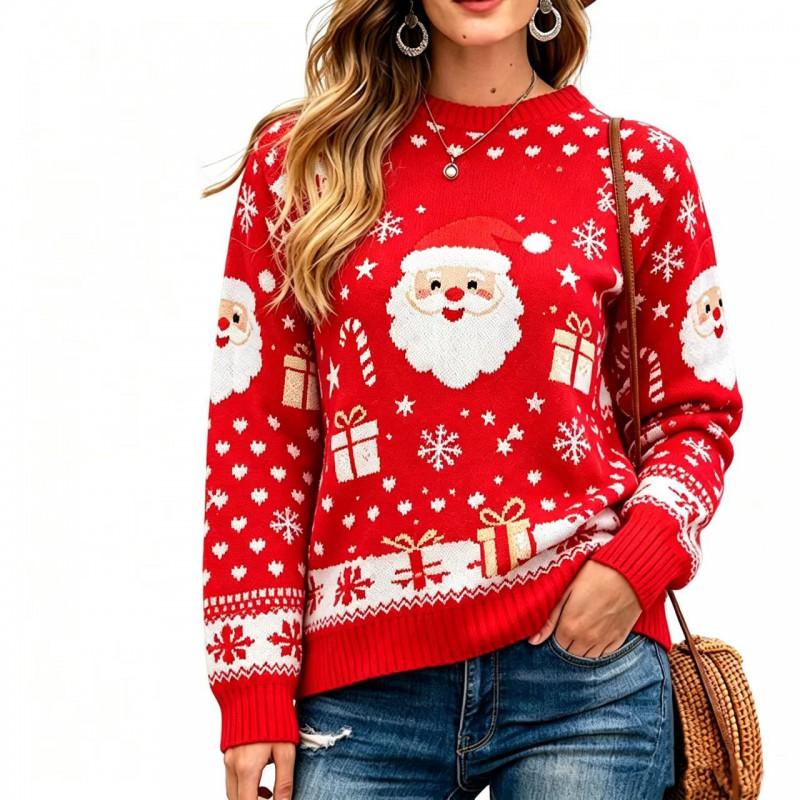 Womens Winter Knit Sweater With 3D Deer Snowflake Round Neck Loose Fit Long Sleeve Pullover