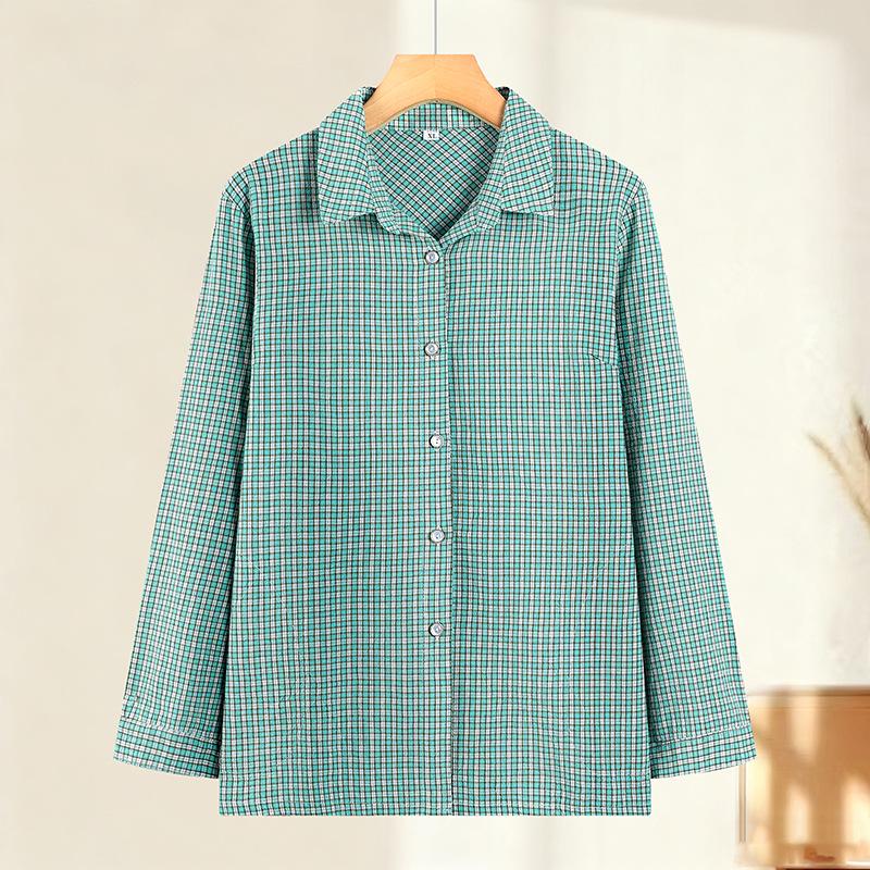 Spring Plaid Cotton Shirt for Young, Middle-Aged, and Elderly Women: Long-Sleeve Casual Wear