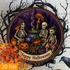 Mfoever Tin Sign Vintage Happy Halloween Skeleton Witch Metal Tin Sign Retro Spooky Cauldron Pumpkin Round Wall Art Decor Gothic Mushroom Bonfi
