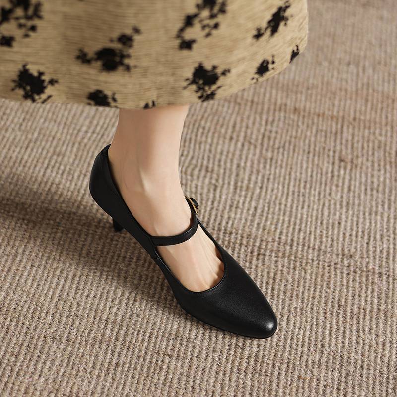 Krazing Pot Cow Skin Round Toe Stiletto High Heels Summer Shoes Big Size 42 Beauty Lady Metal Buckle Women Shallow Pumps
