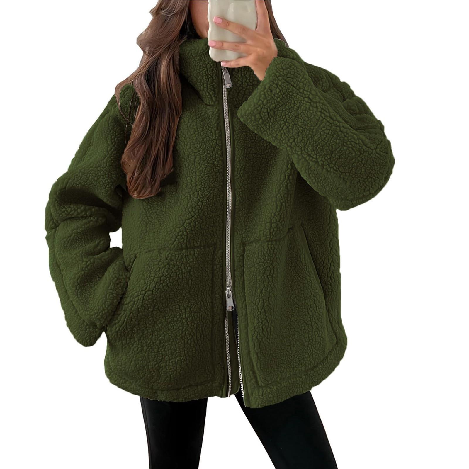 

Женская плюшевая куртка, повседневная, с длинным рукавом, большого размера, теплая, с двойной молнией, зимняя, плюшевая куртка L армия зеленый