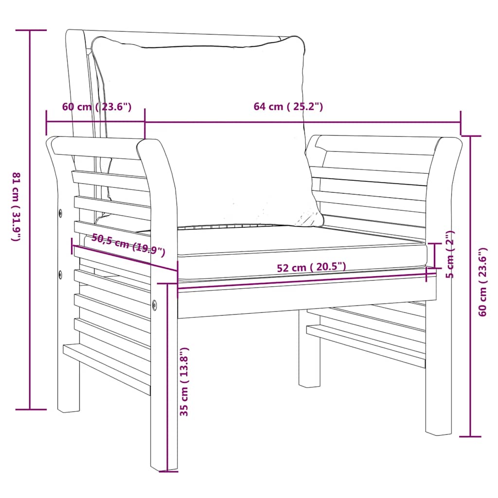 Garden Armchair with Cream Colored Cushions 2 Pcs. Solid Acacia Wood