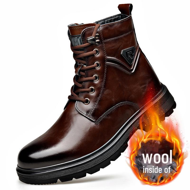 Men's Trendy Wool-Lined Cowhide High-Top Martin Boots with Side Zipper - Casual and Warm.