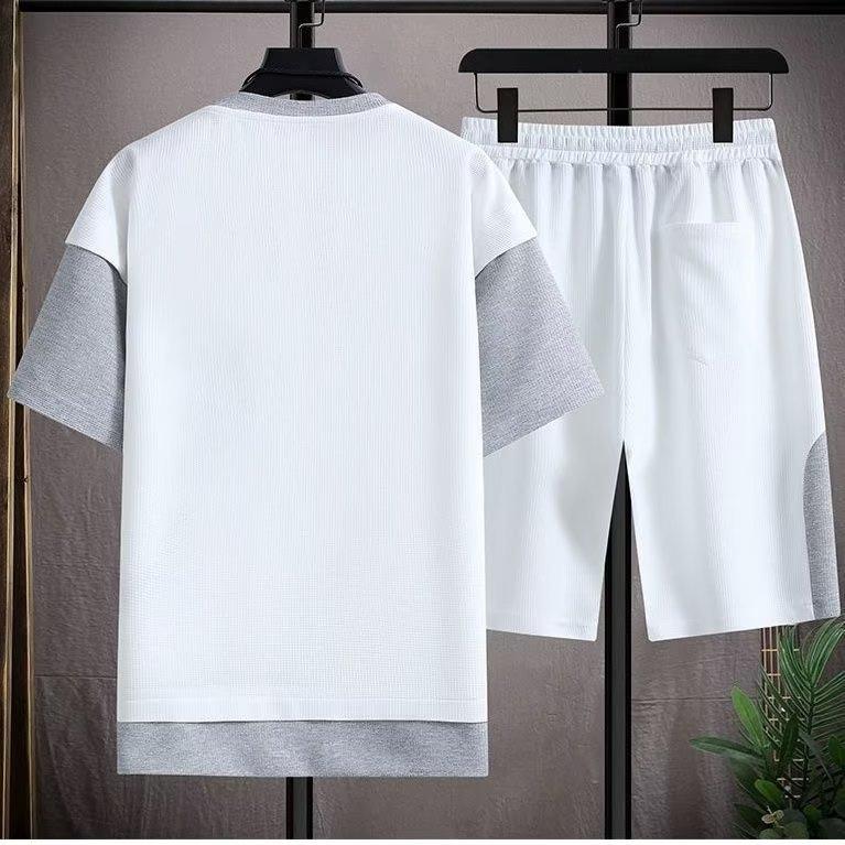 Summer Waffle Sports Suit Men's Summer Thin Loose T-shirt Casual Short-sleeved Shorts Men's Suit Handsome