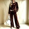 Women's Trendy Casual Velvet Two Piece Outfit Set with Wide Leg Pants and Loose Fit