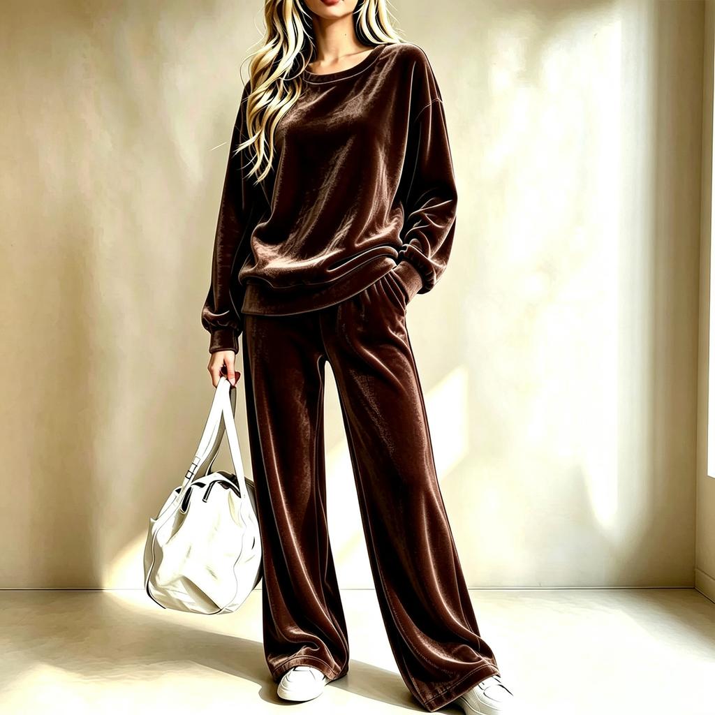 Women's Trendy Casual Velvet Two Piece Outfit Set with Wide Leg Pants and Loose Fit