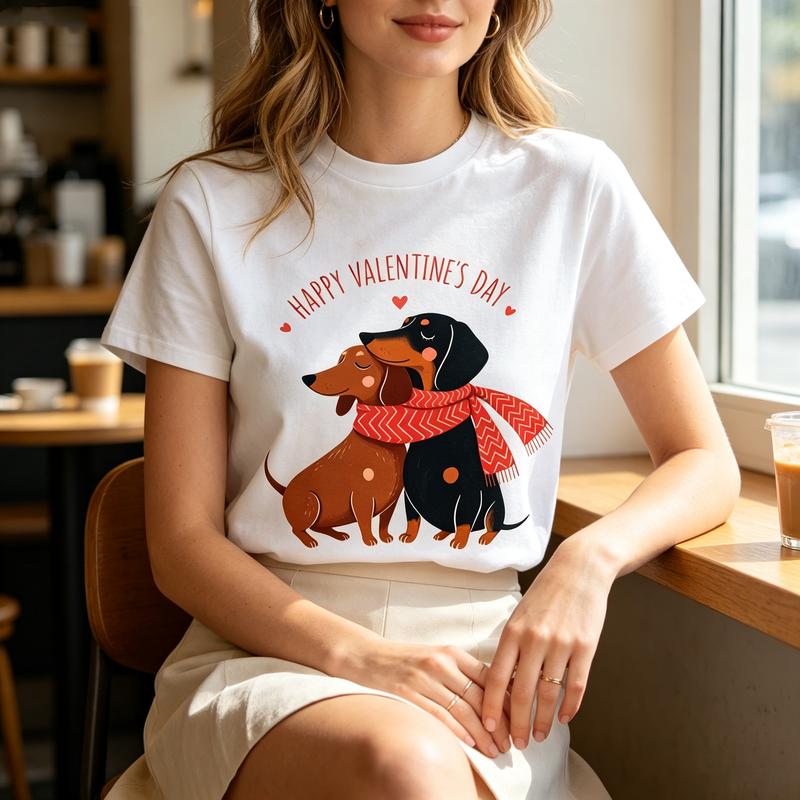 Valentine Dachshund Couple Tee Unisex Happy Valentines Day Heart Dog Casual Short Sleeve Shirt Y2k Top Harajuku