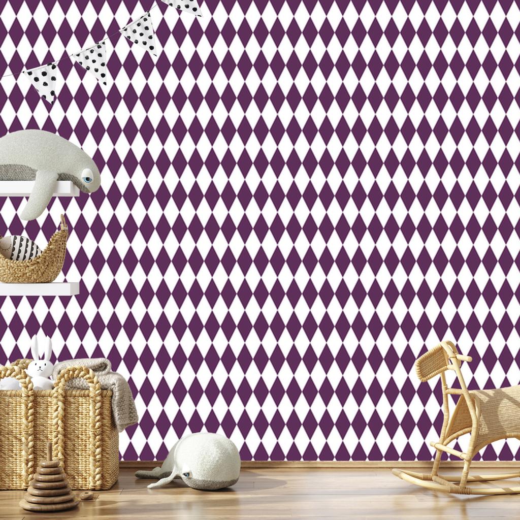 Harlequin Diamonds Wallpaper Light Gray, White, and Plum 50x1000