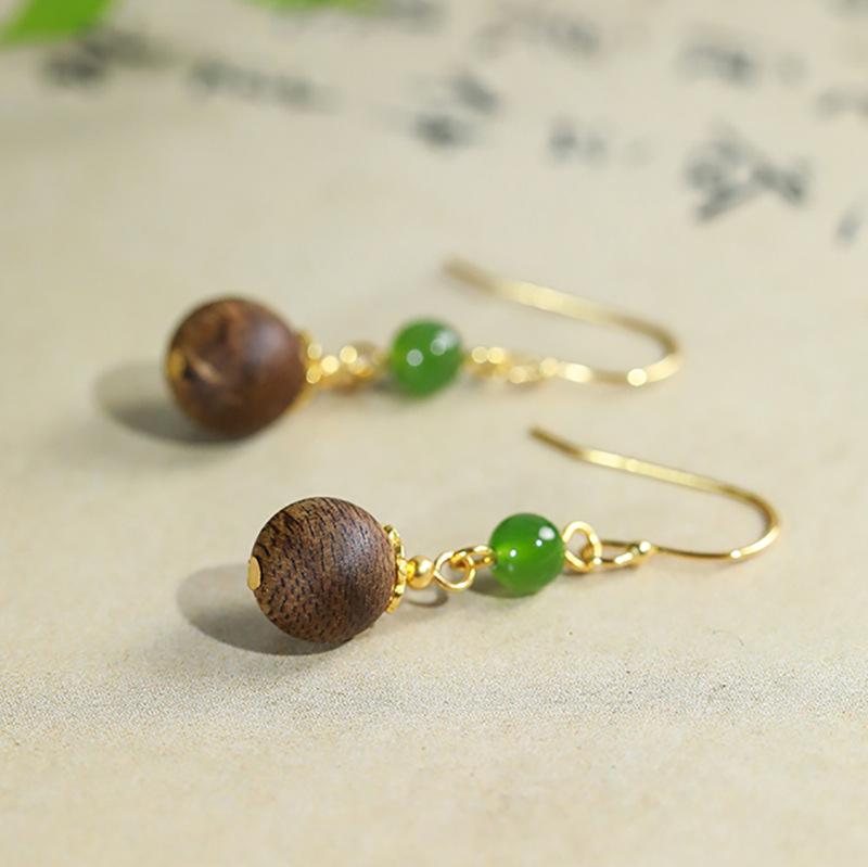 Agarwood Tassel Wooden Earrings with Hetian Jade Bi Hooks - New Chinese Style Long Dangle National Style Earrings