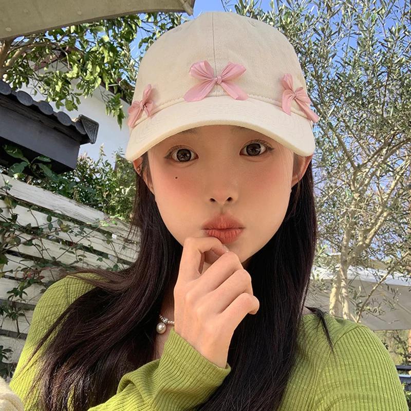 Sweet Korean Pink Bow Baseball Cap For Lady Girl Soft Cotton Adjustable Peaked Hat Outdoor Wide Brim Sun Protection Visors Hats