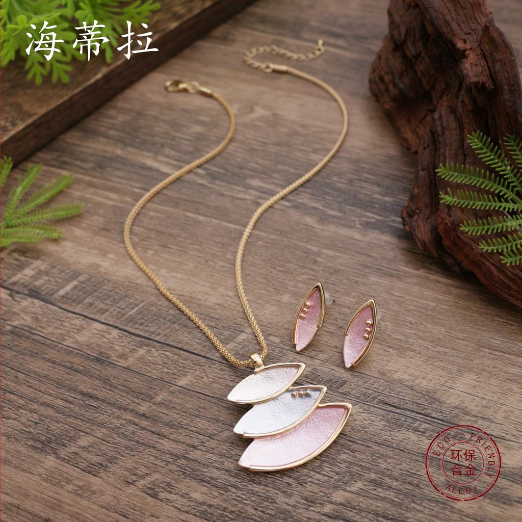 New color painting oil geometric petal stud earrings pendant set, women's premium petal necklace set